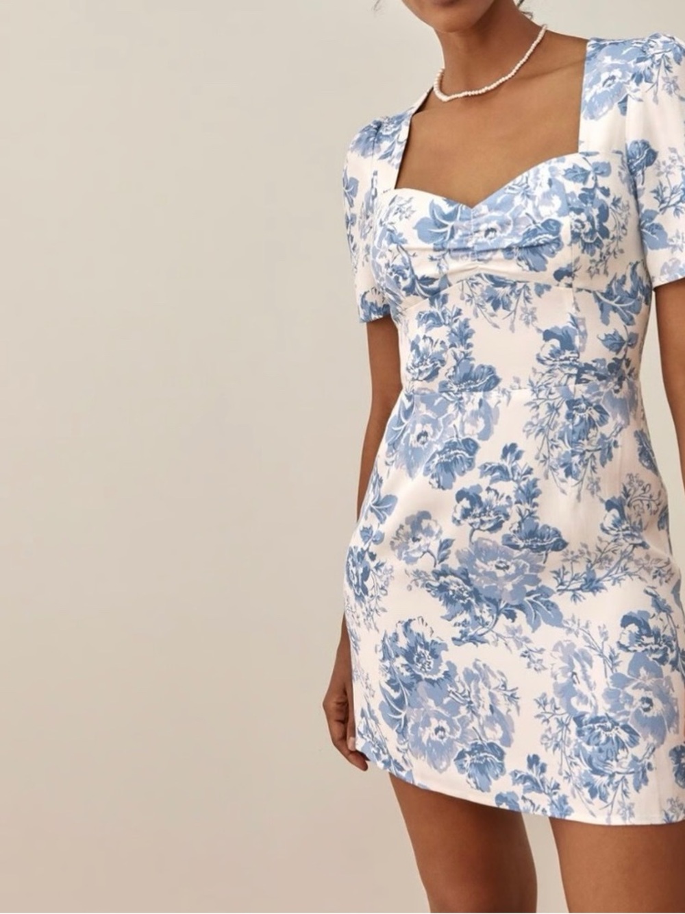 Reformation White and Blue Floral Sweetheart Mini Dress